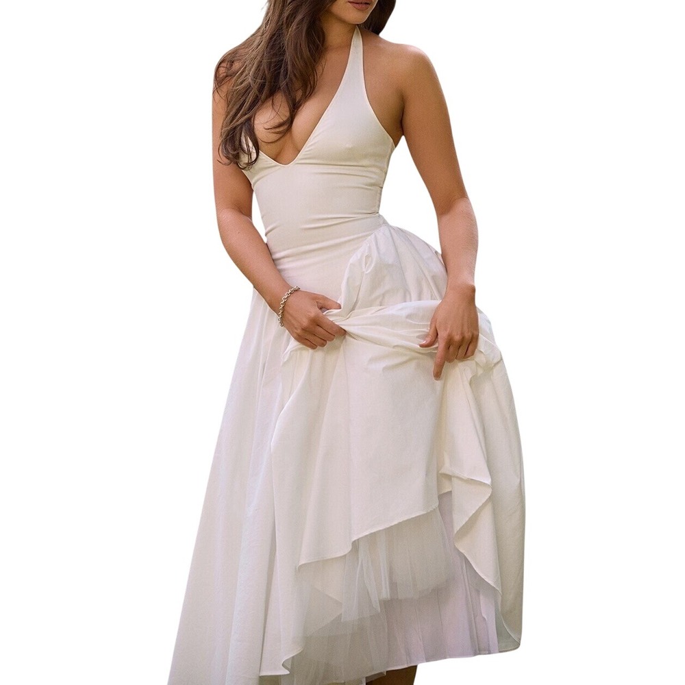House of CB Marilyn Ivory Open Back Halter Dress Midi Pleated Skirt - Size S - Picture 4 of 16